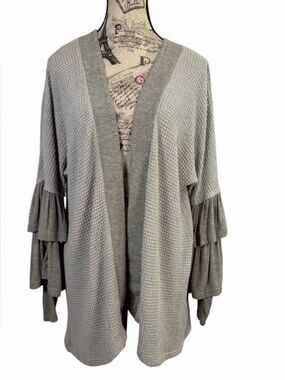 L. Love Chic Gray Open Front Cardigan with Ruffled Sleeves Size M Boho Chic